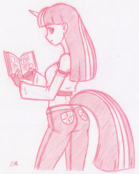 Size: 732x914 | Tagged: artist:x-cross, ass, book, clothes, derpibooru import, horned humanization, human, humanized, jeans, off shoulder, safe, solo, tail, tailed humanization, traditional art, twilight sparkle