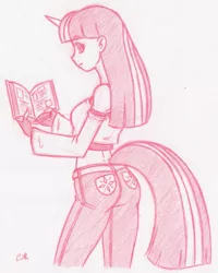 Size: 732x914 | Tagged: artist:x-cross, ass, book, clothes, derpibooru import, horned humanization, human, humanized, jeans, off shoulder, safe, solo, tail, tailed humanization, traditional art, twilight sparkle