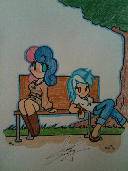 Size: 768x1024 | Tagged: artist:awesomeamz, bench, bon bon, cute, derpibooru import, horned humanization, human, humanized, lyra heartstrings, safe, sweetie drops