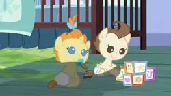 Size: 853x480 | Tagged: baby cakes, building blocks, derpibooru import, diaper, diapered, diapered colt, diapered filly, diapered foals, female, filly, ominous shadow, one month old colt, one month old filly, one month old foals, out of context, pacifier, pound cake, pumpkin cake, safe, screencap, shadow, smelly, visible stench, white diapers