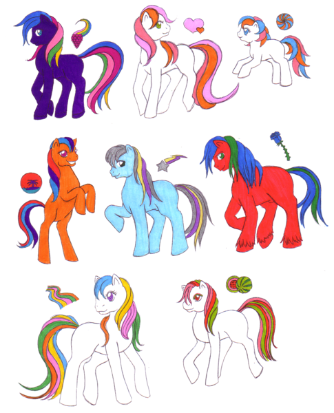 Size: 1238x1532 | Tagged: artist:shadowgirlfan, derpibooru import, oc, oc:beachbal, oc:blue rose, oc:bright rainbow, oc:lovely heart, oc:rainbow grape, oc:starbolt, oc:sunset island, oc:watermelon, safe, traditional art, unofficial characters only