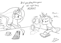 Size: 3160x2260 | Tagged: artist:abyssalemissary, banana, bed mane, coffee, derpibooru import, gamer luna, lineart, messy mane, monochrome, morning ponies, newspaper, princess celestia, princess luna, safe, sandwich, table, tired