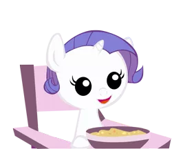 Size: 1153x994 | Tagged: dead source, safe, artist:aetherlordignus, derpibooru import, rarity, pony, babity, baby, baby pony, foal, food, highchair, solo, younger