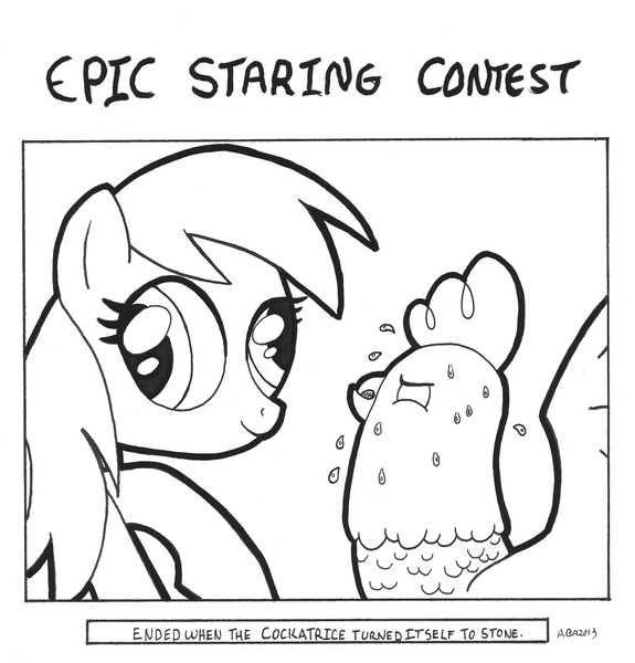 Size: 959x1000 | Tagged: safe, artist:abronyaccount, derpibooru import, derpy hooves, cockatrice, pegasus, pony, female, lineart, mare, monochrome, staring contest