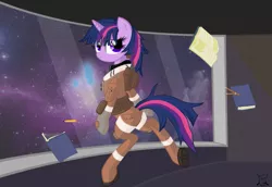 Size: 1079x741 | Tagged: artist:shadawg, book, clothes, derpibooru import, floating, jacket, pants, safe, shoes, solo, space, tier iii, twilight sparkle, zero gravity