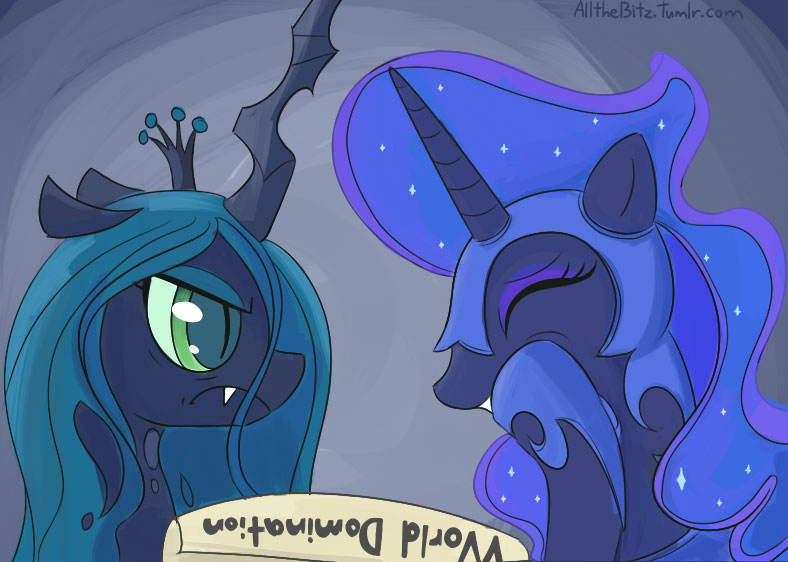 Size: 788x562 | Tagged: antagonist, artist:lance, derpibooru import, laughing, nightmare moon, queen chrysalis, safe, scheming, unamused