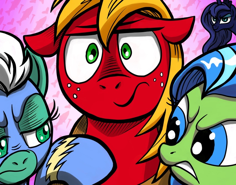 Size: 4200x3300 | Tagged: safe, artist:verulence, derpibooru import, big macintosh, fleetfoot, princess luna, tealove, earth pony, pony, zen and the art of gazebo repair, spoiler:comic, spoiler:comic10, big macintosh gets all the mares, clothes, fleetmac, i can't believe it's not idw, lunamac, male, shipping, stallion, straight, teamac, uniform, wonderbolts uniform