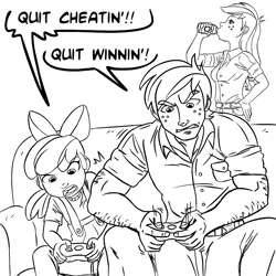 Size: 945x945 | Tagged: apple bloom, applejack, artist:megasweet, big macintosh, black and white, couch, derpibooru import, dialogue, female, grayscale, hairy arms, human, human female, humanized, human male, lineart, male, monochrome, safe, speech bubble, video game