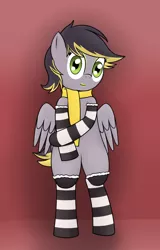 Size: 800x1250 | Tagged: safe, artist:pvryohei, derpibooru import, oc, oc:aero, unofficial characters only, pegasus, pony, bipedal, clothes, colt, crossdressing, eyelashes, eyeliner, lipstick, makeup, male, offspring, parent:derpy hooves, parent:oc:warden, parents:canon x oc, parents:warderp, scarf, socks, solo, striped socks, trap