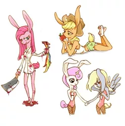 Size: 596x603 | Tagged: anthro, applejack, artist:hcgom, blood, bunnified, bunnyjack, bunny pie, bunny suit, cleaver, clothes, derpibooru import, fanfic:cupcakes, fishnets, knife, leotard, pinkamena diane pie, pinkie pie, rabbit, semi-grimdark, shirt, sketch dump, source needed, species swap