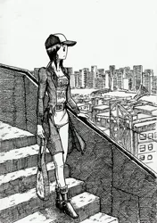 Size: 3472x4920 | Tagged: absurd resolution, artist:smellslikebeer, black and white, cap, city, cityscape, crosshatch, derpibooru import, grayscale, hat, human, humanized, ink, looking away, monochrome, safe, solo, stairs, traditional art, twilight sparkle, walking