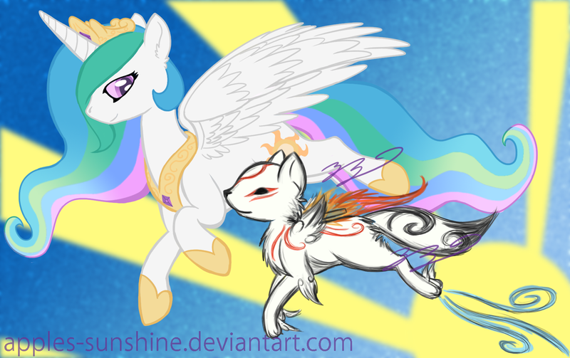 Size: 1024x644 | Tagged: safe, artist:apples-sunshine, derpibooru import, princess celestia, alicorn, pony, amaterasu, colored pupils, crossover, female, fluffy, flying, lidded eyes, mare, okami, smiling, spread wings, sunmutt, wings