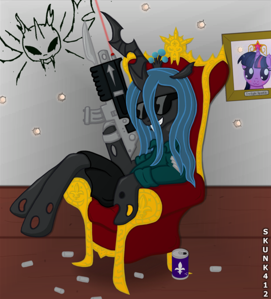 Size: 600x662 | Tagged: safe, artist:skunk412, derpibooru import, queen chrysalis, twilight sparkle, alicorn, changeling, bolter, female, gun, mare, rifle, solo, sunglasses, twilight sparkle (alicorn), warhammer 40k, warhammer (game)