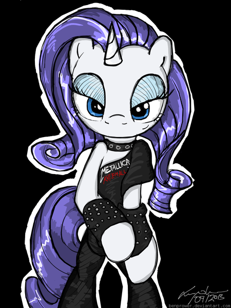 Size: 900x1200 | Tagged: safe, artist:flutterthrash, derpibooru import, rarity, pony, unicorn, bipedal, bracelet, heavy metal, lidded eyes, looking at you, metallica, solo, spiked wristband