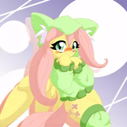 Size: 1000x1000 | Tagged: artist:ragurimo, bottomless, cat ears, clothes, cute, fluttercat, fluttershy, leg warmers, partial nudity, pixiv, safe, shyabetes, solo, sweater, sweatershy