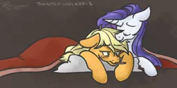 Size: 1000x500 | Tagged: safe, artist:thundershock0823, derpibooru import, applejack, rarity, blanket, female, lesbian, loose hair, rarijack, shipping, sick, thermometer