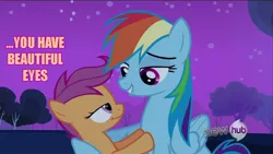 Size: 1000x563 | Tagged: safe, derpibooru import, edit, edited screencap, screencap, rainbow dash, scootaloo, fanfic:rainbow factory, bedroom eyes, caption, eye contact, eyes, female, grin, hub logo, image macro, lesbian, night, orange text, out of context, scootadash, scootalove, shipping, smiling