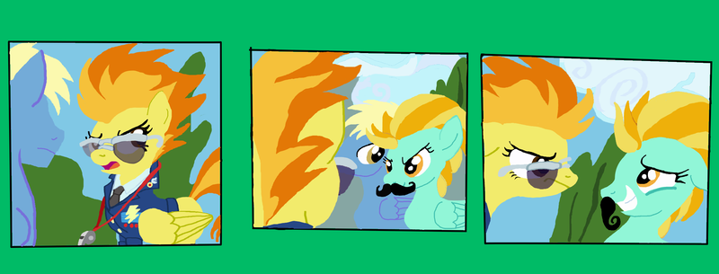 Size: 2448x934 | Tagged: artist:oneovertwo, comic, derpibooru import, lightning dust, moustache, safe, spitfire