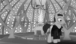 Size: 906x528 | Tagged: derpibooru import, doctor who, doctor whooves, grayscale, monochrome, ninth doctor, safe, tardis, time turner