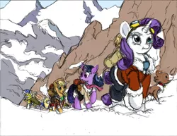 Size: 2203x1700 | Tagged: safe, artist:thelivingshadow, derpibooru import, applejack, rarity, twilight sparkle, winona, collie, dog, pony, unicorn, adventure, armor, clothes, coat, female, goggles, helmet, male, mare, mountain, royal guard, scarf, snow, stallion, unicorn twilight