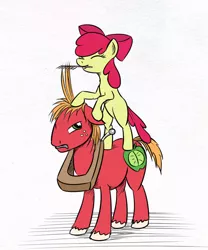 Size: 500x602 | Tagged: safe, artist:el-yeguero, derpibooru import, apple bloom, big macintosh, earth pony, pony, comb, grooming, male, pile, stallion