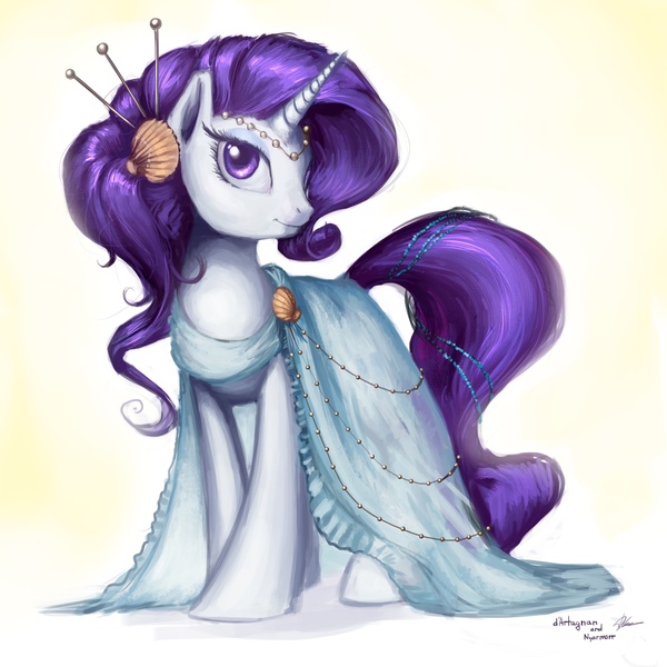 Size: 3000x3000 | Tagged: safe, artist:darthagnan, artist:nyarmarr, derpibooru import, rarity, pony, unicorn, clothes, cute, dress, hairpin, high res, raribetes, seashell, solo