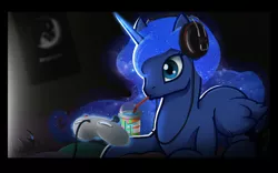 Size: 1680x1050 | Tagged: artist:i-am-knot, dark, derpibooru import, drink, gamer luna, headset, princess luna, safe, solo, video game