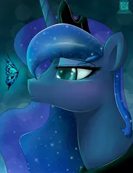 Size: 3333x4333 | Tagged: artist:unnop64, blue, butterfly, derpibooru import, glow, princess luna, safe, smiling, solo