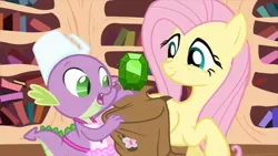 Size: 853x480 | Tagged: safe, derpibooru import, screencap, fluttershy, spike, dragon, pegasus, pony, just for sidekicks, apron, bag, clothes, gem, naked apron, saddle bag