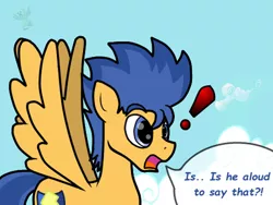 Size: 400x300 | Tagged: ask flash sentry, backwards cutie mark, derpibooru import, exclamation point, flash sentry, grammar error, safe, solo