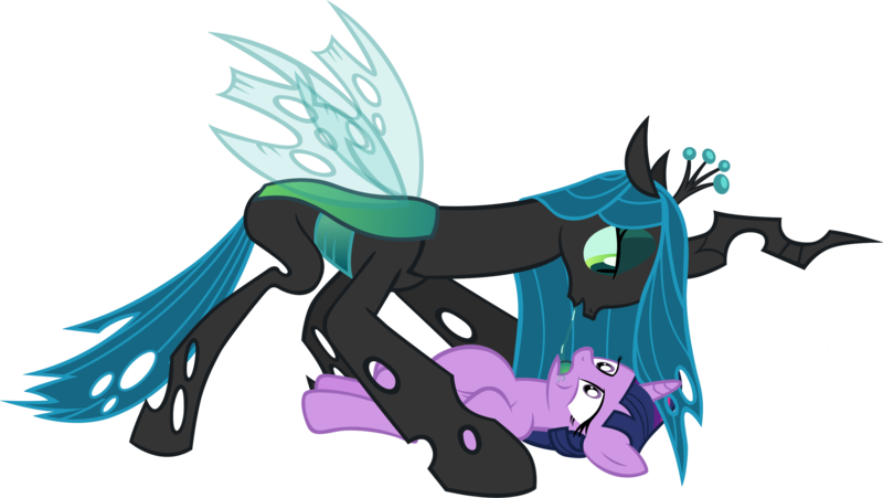 Size: 2826x1594 | Tagged: questionable, artist:badumsquish, derpibooru import, queen chrysalis, twilight sparkle, pony, unicorn, bedroom eyes, belly, drool string, egg, female, image, impregnation, lesbian, oral, oviposition, png, preglight sparkle, pregnant, show accurate, show accurate porn, twisalis