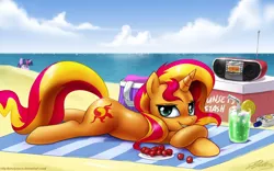 Size: 1400x871 | Tagged: suggestive, artist:johnjoseco, derpibooru import, sunset shimmer, twilight sparkle, pony, unicorn, backwards cutie mark, beach, beautiful, bedroom eyes, cooler, female, hooves, looking at you, mare, peeping, radio, smiling, sultry pose, towel