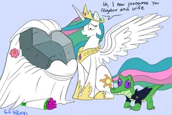 Size: 1500x1000 | Tagged: artist:sahikari, bouquet, bride, clothes, crack shipping, derpibooru import, dress, groom, gummy, princess celestia, safe, simple background, tom, tommygum, tuxedo, wedding, wedding dress