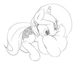 Size: 902x732 | Tagged: artist:zev, cute, derpibooru import, filly, grayscale, monochrome, pillow, princess luna, safe, solo, woona