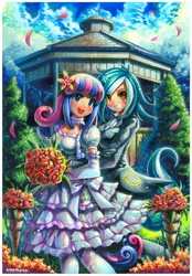 Size: 776x1113 | Tagged: safe, artist:emperpep, derpibooru import, bon bon, lyra heartstrings, sweetie drops, human, bouquet, clothes, female, flower, gay marriage, gazebo, horned humanization, humanized, lesbian, looking at you, lyrabon, open mouth, shipping, smiling, tailed humanization, traditional art, watercolor painting, wedding