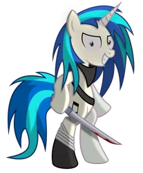 Size: 6800x8200 | Tagged: safe, artist:radiationalpha, derpibooru import, vinyl scratch, pony, semi-anthro, unicorn, absurd resolution, bipedal, blood, female, hooves, horn, imminent death, insanity, looking at you, machete, mare, simple background, smi, solo, teeth, transparent background, vector