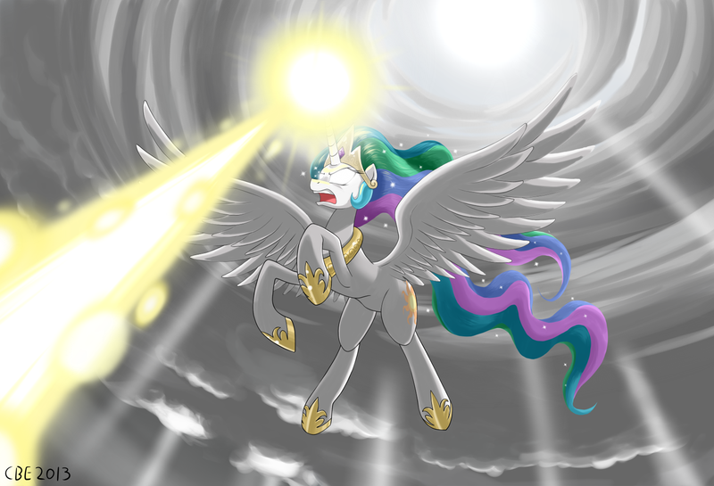 Size: 1559x1063 | Tagged: safe, artist:crimsonbugeye, derpibooru import, princess celestia, glowing eyes, hyper beam, magic, magic blast, smiting, solo