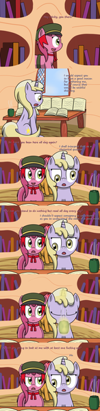 Size: 950x3900 | Tagged: artist:pvryohei, ask, babs seed, book, derp, derpibooru import, dinky hooves, golden oaks library, library, reading, ruby pinch, safe, shining bonds, tea, tumblr, vulgar