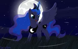 Size: 1120x712 | Tagged: artist:hydrusbeta, derpibooru import, glowing horn, grass, moon, night, princess luna, safe, solo