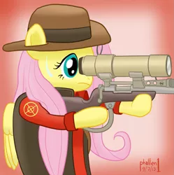 Size: 1227x1234 | Tagged: safe, artist:phallen1, derpibooru import, fluttershy, pegasus, pony, crossover, female, gun, hooves, mare, optical sight, rifle, sniper, sniper rifle, snipershy, solo, team fortress 2, weapon, wings