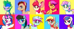 Size: 1223x490 | Tagged: safe, artist:mewball, derpibooru import, apple bloom, bon bon, derpy hooves, doctor whooves, lyra heartstrings, octavia melody, scootaloo, spike, sweetie belle, sweetie drops, time turner, vinyl scratch, pegasus, pony, cutie mark crusaders, female, mare