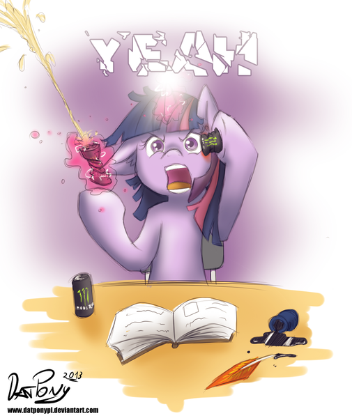 Size: 889x1057 | Tagged: safe, artist:datponypl, derpibooru import, twilight sparkle, pony, unicorn, book, can smashing, energy drink, ink, monster energy, quill, rage, solo, spilled ink, unicorn twilight, yeah