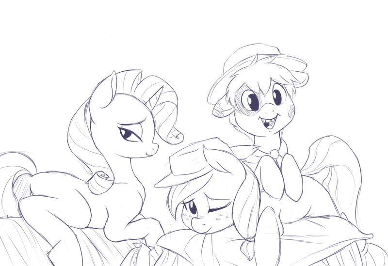 Size: 1166x800 | Tagged: safe, artist:jalm, derpibooru import, applejack, rarity, oc, earth pony, pony, unicorn, cute, female, floppy ears, hobo pony, leaning, lidded eyes, looking at you, male, mare, monochrome, one eye closed, open mouth, pillow, plot, prone, simple background, sketch, smiling, stallion, turnip, white background, wink