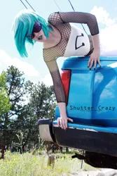 Size: 600x900 | Tagged: artist:shutter-crazy, car, cosplay, derpibooru import, fishnets, human, irl, irl human, lipstick, nail polish, photo, safe, solo, sunglasses, vinyl scratch