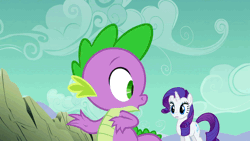 Size: 960x540 | Tagged: a dog and pony show, animated, derpibooru import, diamond dog, disembodied hand, duo focus, fido, hand, offscreen character, rarity, safe, screencap, spike