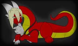 Size: 1280x752 | Tagged: artist:ranger, derpibooru import, dragon, drool, hug, nibbling, safe, slender, slenderpony