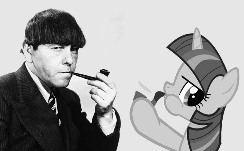 Size: 887x549 | Tagged: artist:kuren247, crossover, derpibooru import, human, irl, irl human, moe howard, monochrome, photo, pipe, safe, simple background, smoking, the three stooges, twilight sparkle