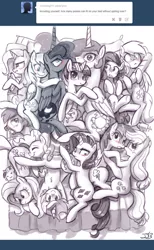 Size: 650x1056 | Tagged: safe, artist:johnjoseco, derpibooru import, applejack, derpy hooves, fluttershy, pinkie pie, princess celestia, princess luna, rainbow dash, rarity, sunshower raindrops, trixie, twilight sparkle, twilight sparkle (alicorn), oc, oc:belle eve, oc:calpain, oc:gem, ponified, alicorn, pony, ask princess molestia, princess molestia, :<, :o, appledash, banana, bed, belle eve, blushing, boop, bread, butt bump, butt to butt, butt touch, butthug, c:, calpain, chest fluff, chubbie, comic, cross-eyed, divine, everypony, eyes closed, faceful of ass, female, flutterpie, frown, group hug, happy, hug, lesbian, looking at you, mane six, memj0123, monochrome, nuzzling, omniship, on back, open mouth, party, pillow, plot, pony pile, raygun, rubber duck, scrunchy face, shipping, side, smiling, snuggling, tumblr, twilestia, unamused, wide eyes