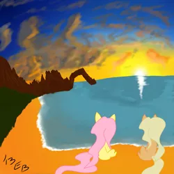 Size: 1995x1995 | Tagged: applejack, artist:eccentric bloodstone, beach, derpibooru import, fluttershy, safe, sunset, wet mane