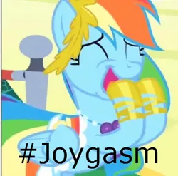 Size: 360x356 | Tagged: clothes, cropped, derpibooru import, dress, edit, edited screencap, gala dress, hashtag, image macro, joygasm, meme, rainbow dash, screencap, solo, squee, suggestive, the best night ever